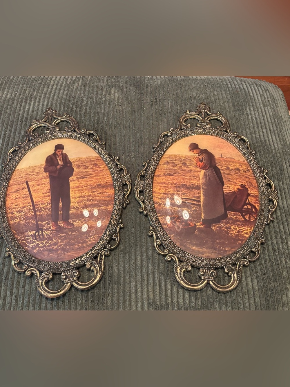 Pair Vintage “The Angelus” Jean Francois Millet Farmer/Wife Convex Glass 17X12